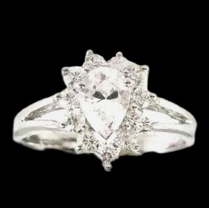 Vintage excellent split shank 925 sterling silver pear shaped halo ring